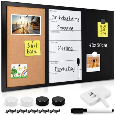 Abbildung von Navaris 3in1 Kombitafel 70x50cm Kreidetafel Whiteboard Kork Pinnwand Memoboard magnetische Seiten Weekly Plan inkl. Kreide Pins Magnete