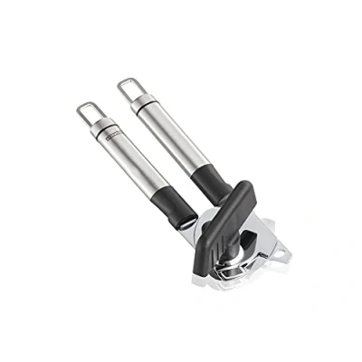 Abbildung von Leifheit Dosenöffner ProLine Serie, für einfaches Öffnen ohne Kraftaufwand, Deckelöffner aus hochwertigem Edelstahl und schwarzem Kunststoff, in edlem Design, mit praktischer Aufhängeöse, silber