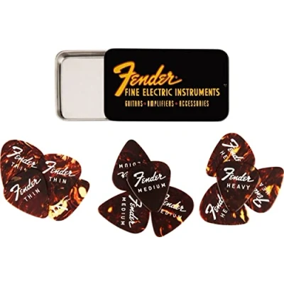 Abbildung von Fender® »FINE ELECTRIC PICK TIN« Plektren in Sammler Dose 12 Stück Celluloid 351 Form 3 Stärken Tortoise Shell