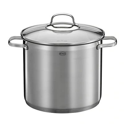 Abbildung von RÖSLE ELEGANCE Gemüse/Partytopf, Hochwertiger Edelstahltopf zum Kochen großer Mengen, 8 Liter, Edelstahl 18/10, Innenskalierung, Induktionsgeeignet, Spülmaschinengeeignet, 33 x 25.5 28 cm