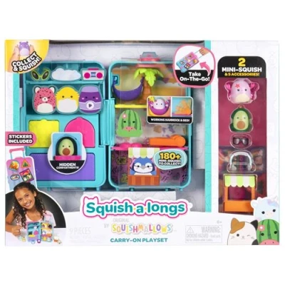 Abbildung von Squish a longs Gepäck Spielset für unterwegs, (2) 2,5 cm Mini Quish, 3 Spielstufen, Zubehörteile und 2 Spielteile Sammeln, Handeln Spielen, ab 6 Jahren