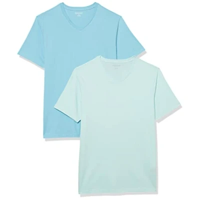 Abbildung von Amazon Essentials Herren Kurzärmelige T Shirts mit V Ausschnitt, 2er Pack, Aquablau/Hellblau, L