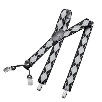 Abbildung von DonDon Hosenträger Herren breit 3,5 cm mit 4 Clips extra stark in Y Form elastisch und längenverstellbar, Kariert Schwarz Grau