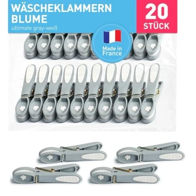 Abbildung von culiclean Wäscheklammern ohne Abdruck stabil in Blume Design 20x Wäscheklammer grau Ultimate Grey, robuste Kluppen Soft Grip Clip Clothes Pegs UV beständig Klammern zum Aufhängen von Wäsche, Socken