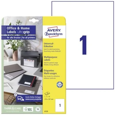 Abbildung von AVERY Zweckform 6125 Universal Etiketten (10 Klebeetiketten, 210x297 mm auf A4, bedruckbare Adressaufkleber, selbstklebende Versandetiketten mit ultragrip, ideal fürs HomeOffice) 10 Blatt, weiß