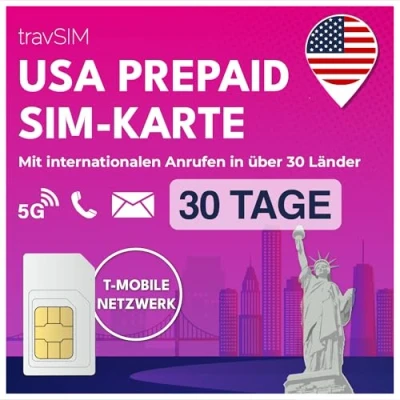 Abbildung von travSIM USA SIM Karte T Mobile Netzwerk 50GB Daten, unbegrenzte Nationale Anrufe &amp; SMS Die für bietet zu 30+ Länder 30 Tage