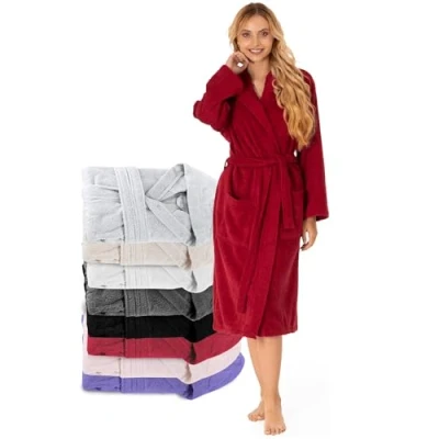 Abbildung von Bademantel Damen 100% Baumwolle (350g/m²) OEKO TEX® Zertifiziert Morgenmantel mit Kapuze, 2 Taschen, Gürtel Burgunderrot M