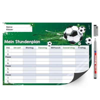 Abbildung von Fußball Stundenplan abwischbar I DIN A4 Rückseite magnetisch für den Kühlschrank Jungen Jungs Teenager, cool mit Stift dv641
