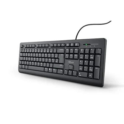 Abbildung von Trust Taro Kabelgebundene Tastatur, Deutsches QWERTZ Layout, Leise Tasten, Spritzwassergeschützt, USB Anschluss, 1.8 m Kabellänge, PC Tastatur für Computer, Laptop, Mac, Windows, macOS Schwarz