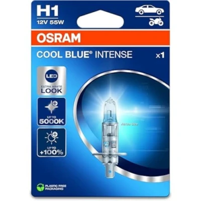 Abbildung von Osram COOL BLUE® INTENSE H1, +100% more brightness, up to 5,000K, halogen headlight lamp, LED look, Single Blister (1 lamp)