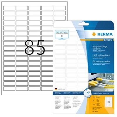 Abbildung von HERMA 8337 Wetterfeste Folienetiketten, 25 Blatt, 37 x 13 mm, 85 pro A4 Bogen, 2125 Stück, selbstklebend, bedruckbar, matt, blanko Klebeetiketten Aufkleber aus Folie, weiß