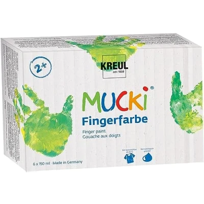 Abbildung von KREUL 2316 Mucki leuchtkräftige Fingerfarbe, 6 x 150 ml in gelb, rot, blau, grün, weiß und schwarz, parabenfrei, glutenfrei, laktosefrei vegan, auswaschbar, vermalbar mit Pinsel Fingern