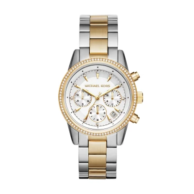 Abbildung von Michael Kors MK6474 Chronograph Uhr Damenuhr Edelstahl 5 bar Analog Chrono Datum Bicolor