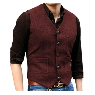 Abbildung von Solovedress Mens Vintage Classic Wolle Anzugweste Formale Regular Fit Weste Anzug für Hochzeit Groomsmen(Burgundy,XL)