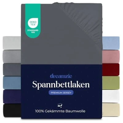 Abbildung von Dreamzie Premium Spannbettlaken 80x200 cm, Spannbetttuch für Dicke Matratzen bis zu 12 Bettlaken 100% Jersey Baumwolle, 150 g/m², Oeko TEX Zertifiziert Dunkelgrau