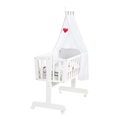 Abbildung von roba Babywiege 40 x 90 cm Adam &amp; Eule Stubenwagen Wiege mit Rollen Bett Set komplett Feststellfunktion Inkl. textiler Ausstattung Holz weiß