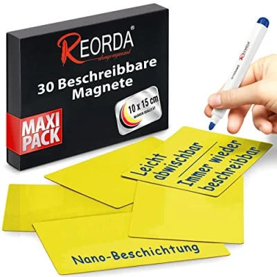 Abbildung von Reorda® Magnetstreifen beschreibbar 30 Stück wiederbeschreibbar 10 x 15cm (Gelb) Beschreibbare Magnete für Whiteboard, Kanban, Magnettafel oder als beschriftbare den Kühlschrank