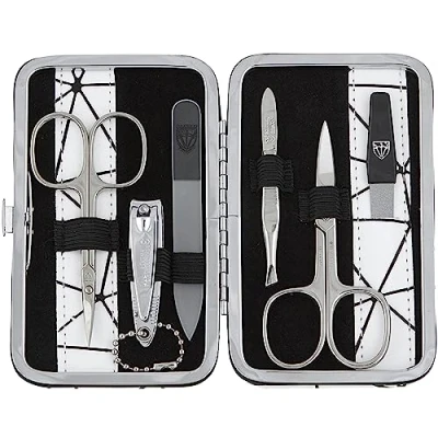 Abbildung von DREI SCHWERTER Germany 6 tlg. &#039;Genova&#039; Maniküreset Nagel Set Etui in Kunstleder Spiderlook Inhalt: Nagelschere, Hautschere, Nagelknipser, Glasnagelfeile, Pinzette, Saphirnagelfeile