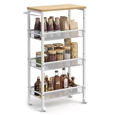Abbildung von VASAGLE Rollwagen 4 Ebenen, Küchenwagen schmal, Nischenregal auf Rollen, Stahl, Griff, für kleine Räume, 22 x 45,4 77 cm, Küche, Bad, Wohnzimmer, Arbeitszimmer, eichenfarben weiß LRC033W09