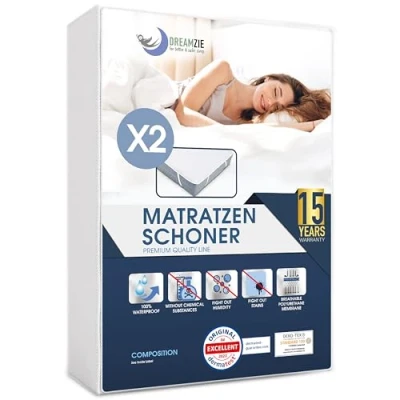 Abbildung von Matratzenschoner 140x200cm Wasserdicht (2er Set) Oeko TEX Zertifiziert von Dreamzie Atmungsaktive Matratzenauflage