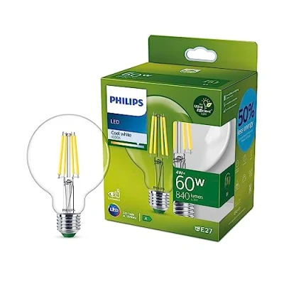Abbildung von Philips LED Classic ultraeffiziente E27 Lampe, mit Energieeffizienzklasse A in Globe Form, ersetzt 60W, klar, neutralweiß