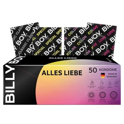 Abbildung von BILLY BOY Kondome Alles Liebe 50er 52 mm, 55 56 mm Kondommix in verschiedenen Passformen Transparent, farbig, fruchtig, Rippen/Perl &amp; mit integriertem Ring (1x50 Stück)