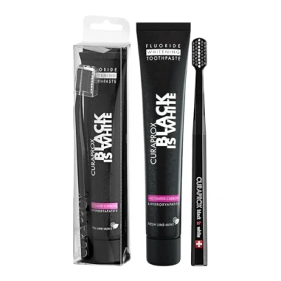Abbildung von Curaprox Black is White Set für weiße Zähne, Zahnaufhellung mit schwarzer Zahncreme aus Aktivkohle, whitening toothpaste, 1x Zahnbürste und Zahnpasta 90ml