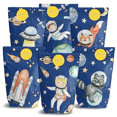 Abbildung von Papierdrachen 12 bedruckte Geschenktüten zum Geburtstag Thema Weltall Mitgebsel Befüllen und Verschenken kleines Dankeschön an deine Gäste