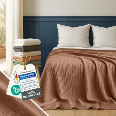 Abbildung von Blumtal Tagesdecke Baumwolle 200x230 cm Musselin Decke Oeko TEX zert. Bettüberwurf Couch Überwurf leichte Kuscheldecke 100% Bett in Copper