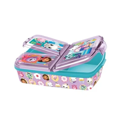Abbildung von p:os 36543 Gabbys Dollhouse Brotdose für Kinder mit 3 Fächern, Lunchbox aus Kunststoff Clip Verschlüssen, Vesperdose Kindergarten, Schule und Freizeit