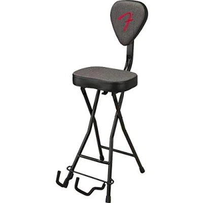 Abbildung von Fender 351 Sitz und Gitarrenständer Kombination, Zusammenklappbares Design, Abnehmbare Rückenlehne, Grauer Tweed Stoff, Rutschfeste Füße