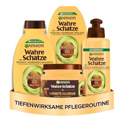 Abbildung von Garnier Wahre Schätze Pflegeset Mit Shampoo, Spülung, Maske und Leave In, Avocado Öl Shea Butter Für sehr trockenes, welliges, lockiges dickes Haar, alle Lockentypen geeignet