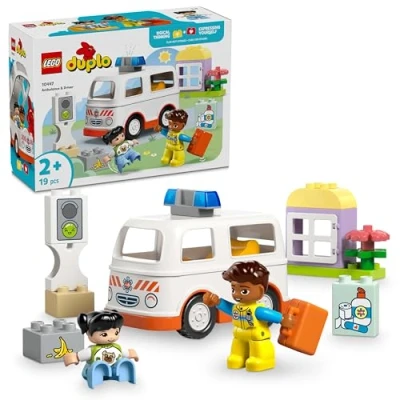 Abbildung von LEGO DUPLO Rettungswagen mit Fahrer, Lernspielzeug für fantasievolle Kleinkinder ab 2 Jahren, Rollenspiele, fördert logisches Denkvermögen und Fingerfertigkeit, Fahrzeug Bauset 10447