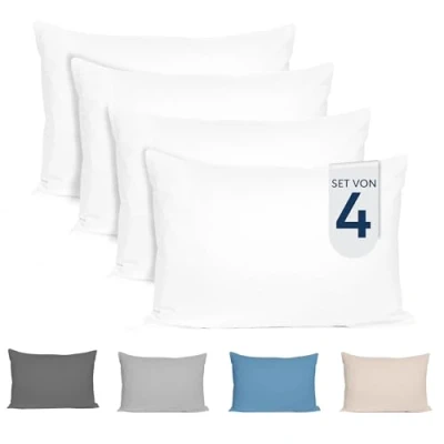 Abbildung von Dreamzie Kissenbezug 40x80 (4er Set) 100% Jersey Baumwolle 150 g/qm Kissenbezüge Weiß Für Kissen 40 x 80 cm Kissenhülle Resistent und Hypoallergen Zertifiziert Oeko Tex