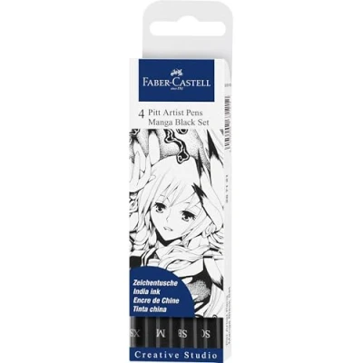 Abbildung von FABER CASTELL 267121 Tuschestift Pitt Artist Pen Manga, Schreibfarbe schwarz mit verschiedenen Spitzen, 4er Etui