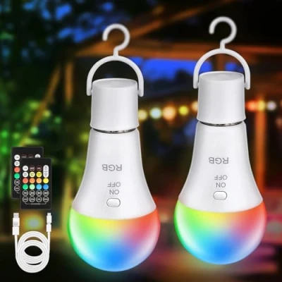 Abbildung von Kimjo RGB Led Lampe E27 Glühbirne Mit Fernbedienung 2 Stück, Aufladbare Batterie und Timer, 7W Dimmbar Akku für Outdoor, Camping, 2000 mAh, Haken