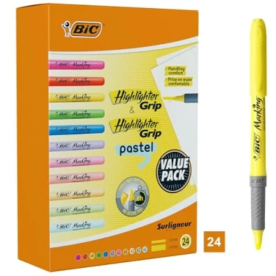 Abbildung von BIC Highlighter, Textmarker, 24er Pack, in verschiedenen Farben inkl. Pastell, mit Keilspitze, Strichstärke: 1.6 bis 3.4 mm, Austrocknungsschutz