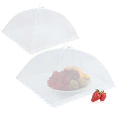 Abbildung von com four® 2x Speisehauben, faltbare Fliegenhaube 44 cm Abdeckhaube für Lebensmittel Fliegen Schutz, Fliegenschirm Lebensmittel, Essen, Obst, BBQ, Picknick, Kuchenabdeckung (02 Stück weiß)