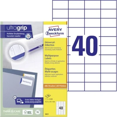Abbildung von AVERY Zweckform 3651 Universal Etiketten (4.000 Klebeetiketten, 52,5x29,7mm auf A4, Papier matt, individuell bedruckbar, selbstklebende Aufkleber mit ultragrip) 100 Blatt, weiß