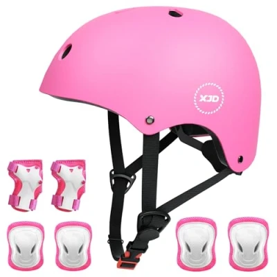 Abbildung von XJD Fahrradhelm Kinder Schoner Set(7er) Helm mit Knie &amp; Ellenbogen Handgelenkschützer Verstellbarer Schutz Jugend Skaterhelm für 3 13 Jahre Alt (Rosa Set, S: 51 54 cm)