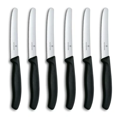Abbildung von Victorinox Swiss Classic Tomatenmesser, Brotzeitmesser, 6 teilig, Scharfe Klinge, Wellenschliff, 11 cm, Rostfreier Stahl, schwarz