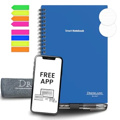 Abbildung von Dreiklang be smart® wiederverwendbares Notizbuch Schreibblock Planer DIN A 5, Focus Linien und Punktraster mit iOS/Android App Cloud, wiederbeschreibbar, Stift, Haftnotizen Mikrofasertuch