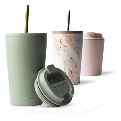 Abbildung von MAMEIDO Thermobecher mit Strohhalm 470ml &amp; 700ml Trinkbecher Deckel und aus Edelstahl doppelwandig isoliert, auslaufsicher Coffee to go Becher (Desert Sage, 0,47l)