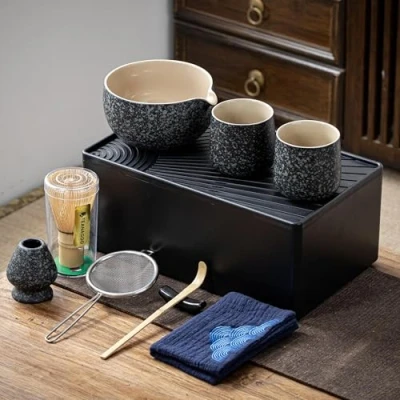 Abbildung von TEANAGOO Matcha Kit + 2 Tassen mit Aufbewahrungsbox, 12 Pcs Travel Tea Set, Keramik Bowl (18oz), Cup(7.2oz), Bambus Schneebesen, Sieb, WS1, Rock Charcoal Grey, Best Gift…