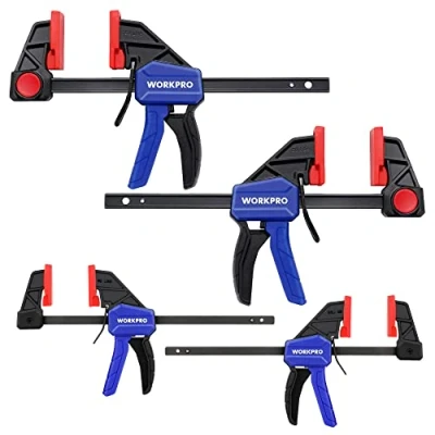 Abbildung von WORKPRO Einhandzwingen Set 4 Stück Schraubzwingen Spanner, Spannweite 120mm/150mm, Dehnbereich 200mm/285mm, Spannkraft 23kg/68kg, Stahl und Nylon für präzises Fixieren