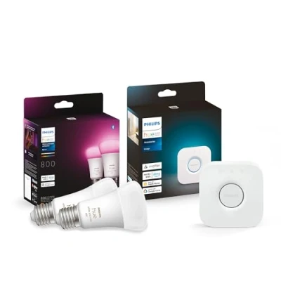 Abbildung von Philips Hue White and Col. Amb. LED E27 Lampen mit Bridge Steuerungszentrale, 2 er Pack, 800lm, 16 Mio. Farben und Weißtöne, Steuerung per App, Schaltern, Sprache