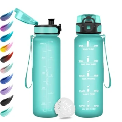Abbildung von Trinkflasche 500ml, Wasserflasche mit Filte, Sport Trinkflaschen Kohlensäure Geeignet, Zeitmarkierungen, Auslaufsicher für Picknick, Schule, Junge, Mädchen, Büro