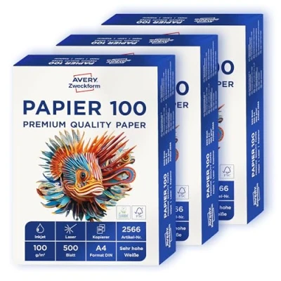 Abbildung von AVERY Zweckform 2566 Drucker /Kopierpapier (1.500 Blatt, 100 g/m², DIN A4 Papier, hochweiß, für alle Drucker) 1 Box mit 3 Pack