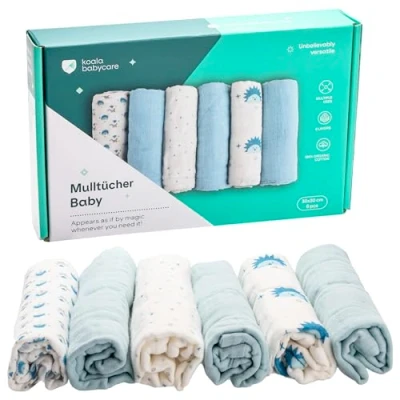 Abbildung von KOALA BABYCARE Mulltücher Baby 30x30cm aus Weicher Baumwolle Spucktücher Packung mit 6 Stück Musselin Tuch Saugfähig und Atmungsaktiv Ideal zum Reinigen Trocknen