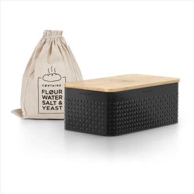 Abbildung von LARS NYSØM Brotkasten I Brotbox aus Metall mit Brotsack Leinen für langanhaltende Frische Brotdose hochwertigem Bambusdeckel verwendbar als Schneidebrett 34x18,5x13,5cm (Carbon Black)